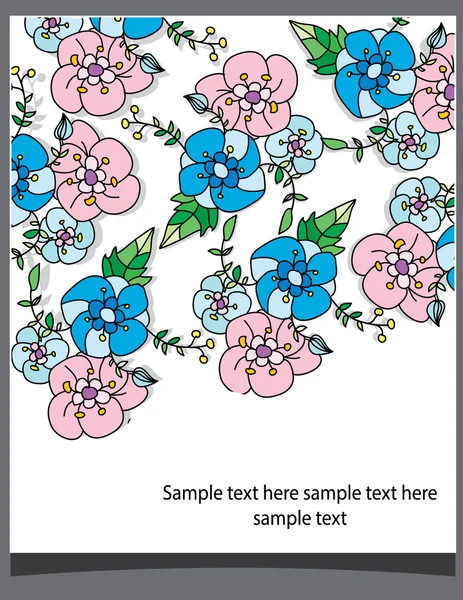 ,fundo decorativo com flores azuis e rosa e o texto sobre fundo cinza — Vetor de Stock