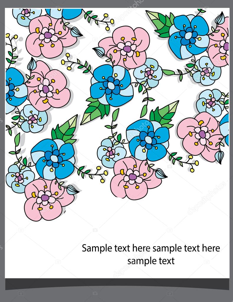 ,decorative background with blue flowers and pink and the text on gray background