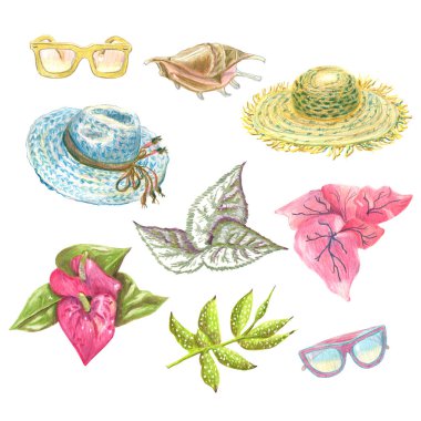 Plaj tatil eşyaları koleksiyonu. Renkli kalem tekniğindeki farklı elementler. El çizimi çizim.