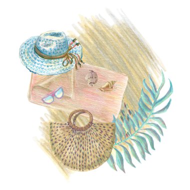 Arrangement with beach vacation items and abstract stain. Colored pencil technique. Hand drawn sketch. For decoration banner, invitation, labels.