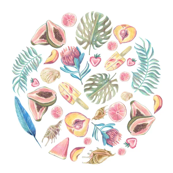 Circle Arrangement Tropical Fruits Berries Colored Pencil Technique Hand Drawn — 图库照片