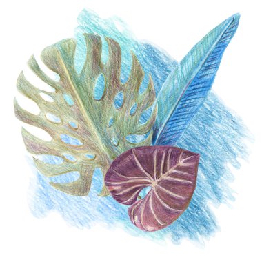 Tropikal yaprakların ve soyut mavi noktaların bileşimi. Renkli kalem tekniği. El çizimi. Pankart, davetiye, tebrik kartı, etiket, poster için