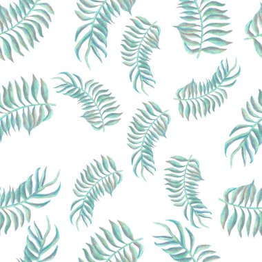 Tropikal yaprak dallarının basit, pürüzsüz deseni. Renkli kalem tekniği. El çizimi. Arkaplan, kağıt, hatıra defteri için