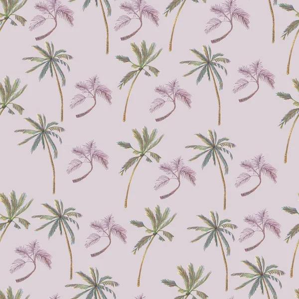 Simple seamless pattern of tropical  palm trees. Colored pencil technique. Hand drawn. For background, digital paper, scrapbook paper