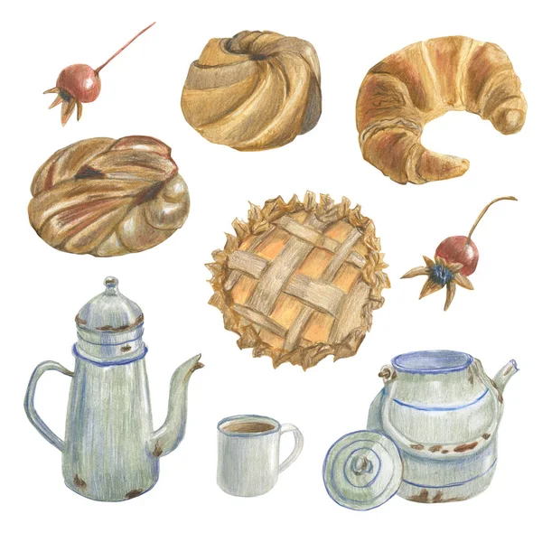 Farklı Fırın Ürünleri Kupa Böğürtlen Çaydanlıklar Sonbahar Kahvaltısı Konsepti Renkli — Stok fotoğraf