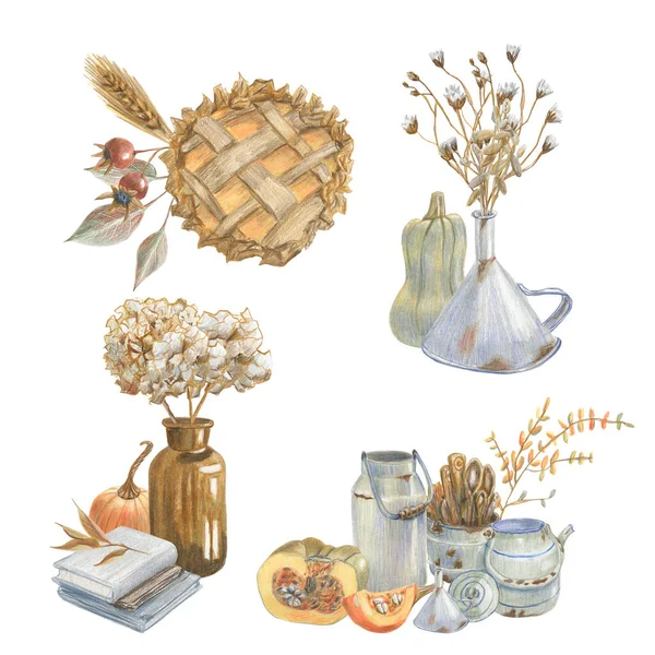 Conjunto Composições Outono Com Pratos Enferrujados Elementos Florais Por Lápis — Fotografia de Stock