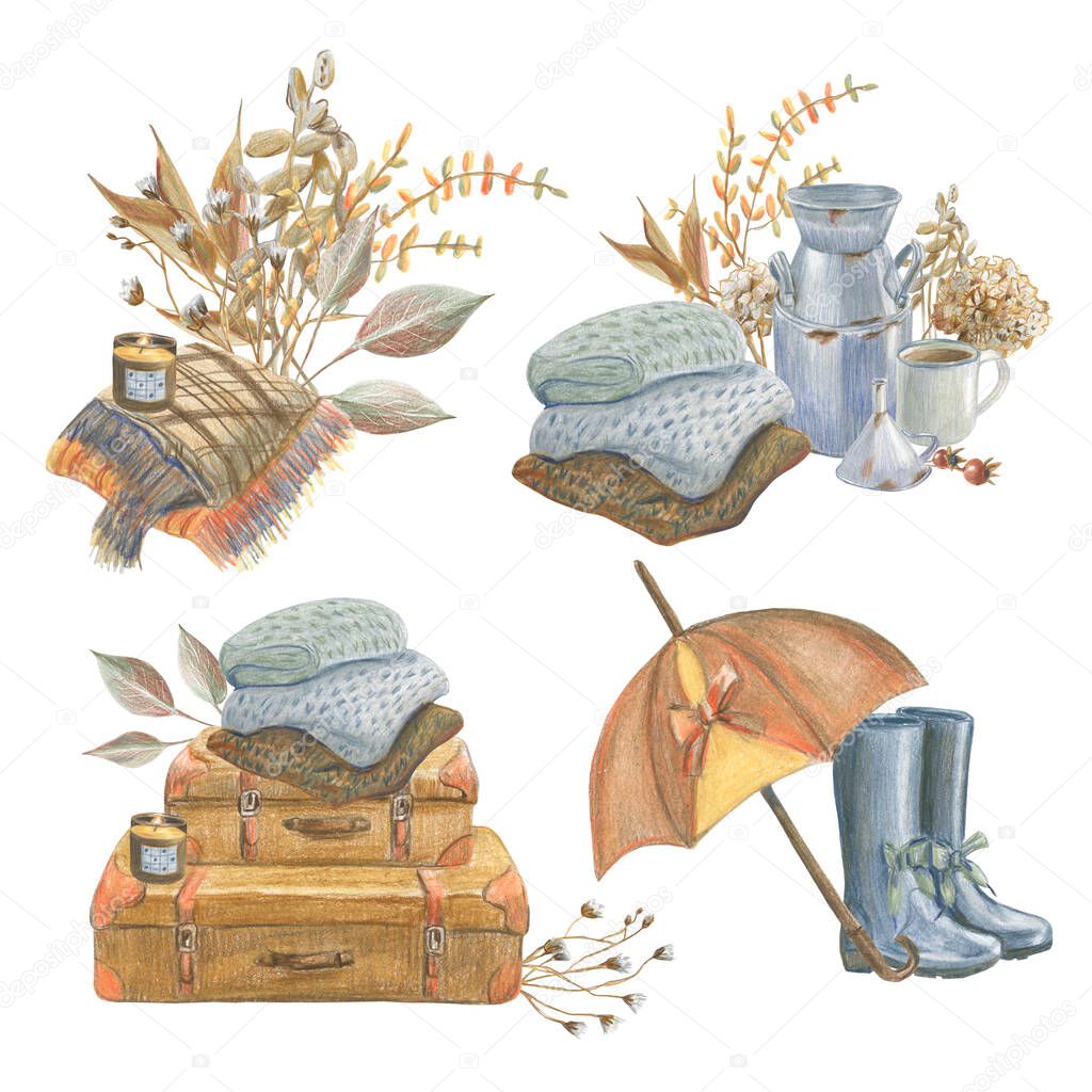 Collection of compositions  with rusty dishes, retro items and autumn floral elements  by colored pencils. Arrangements for vintage and cozy mood. Hand drawn.