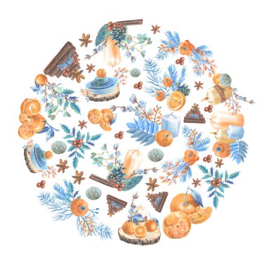Renkli kalemlerle, botanik elementleri, meyveler, baharatlar ve Noel malzemeleri içeren daire kompozisyonu. Noel tebrik kartı ya da düğün davetiyesi hazırlıkları. El çizimi.