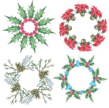 Noel süsü için farklı çelenkler. Cone, Holly, poinsettia ve dallar mavi, yeşil ve kırmızı nesneler. Renkli kalem tekniği. Beyaz arkaplanda kesilen renk ögeleri. El çizimi. 