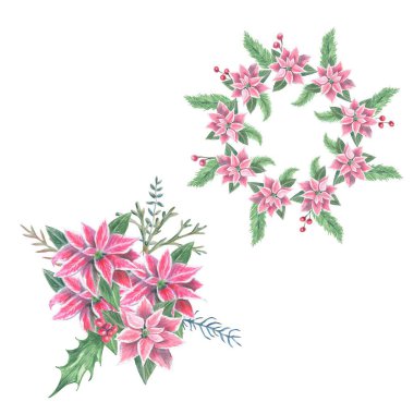 Noel süsü için çelenk ve kompozisyon koleksiyonu. Pembe noktalı setler ve yeşil dallar. Renkli kalem tekniği. Beyaz arkaplanda kesilen renk ögeleri. El çizimi. 