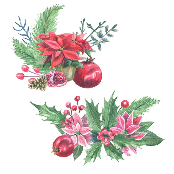 Колекція Композицій Різдвяних Прикрас Рожева Червона Пуансетія Зелені Гілки Гранат — стокове фото