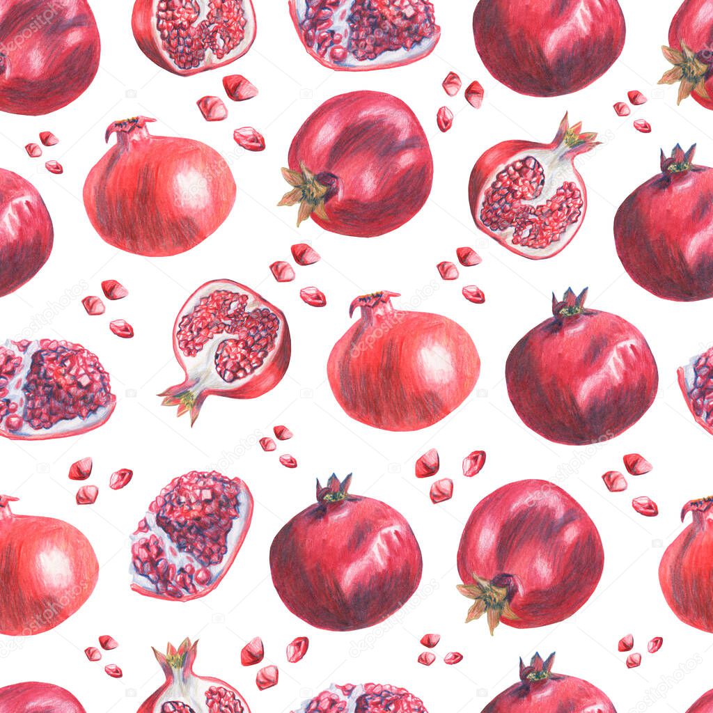 Seamless pattern of whole, half, broken pomegranate. Grains of garnet fruit. Colored pencil technique. Vinous elements cut out on white background. Hand drawn. 