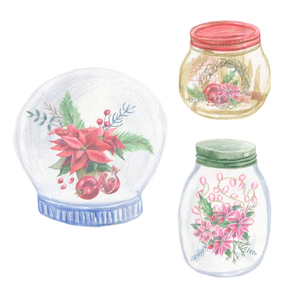 Set Met Sneeuwbol Glazen Potten Met Bloemen Van Poinsettia Binnen — Stockfoto