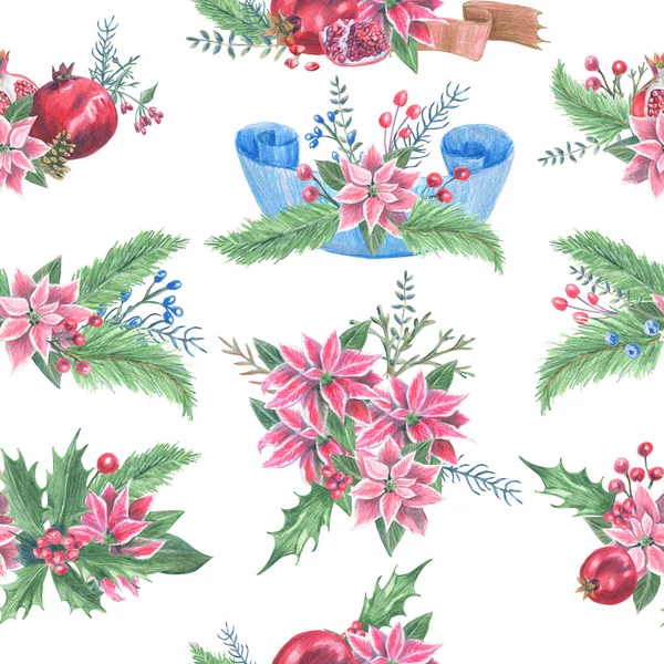 Seamless Pattern Arrangements Christmas Decoration Pink Red Poinsettia Blue Ribbon — Stock Photo, Image