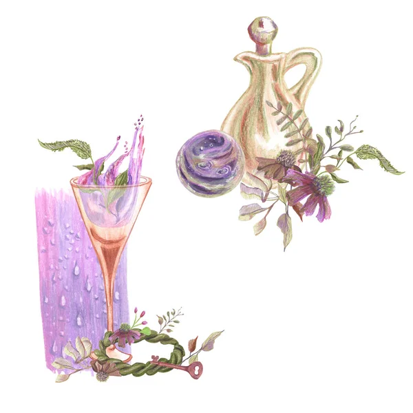 Collection of compositions with vial, glass, dried branches and abstract purple background with drops by colored pencils.  Objects for magic and fairy tail mood. Hand drawn.