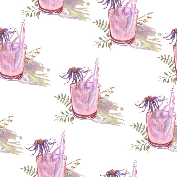 Seamless pattern with drinking glasses, branches and abstract spot cut out on white background by colored pencils.  Objects for magic and fairy tail mood. Hand drawn.