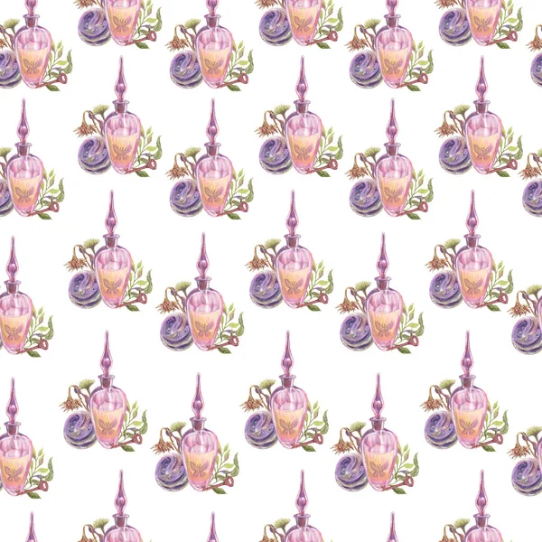 Seamless pattern with vials, sphere, dried branches and flowers cut out on white background by colored pencils. Objects for magic and fairy tail mood. Hand drawn.