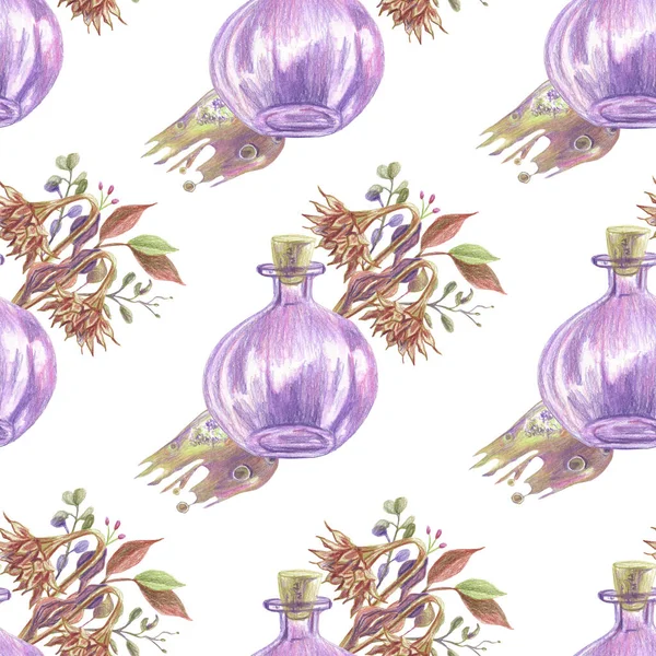 Seamless pattern with vials, dried branches and abstract spots cut out on white background by colored pencils. Objects for magic and fairy tail mood. Hand drawn.