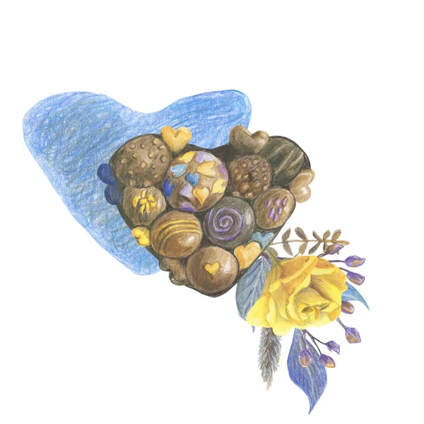 Композиція Шоколадною Подарунковою Коробкою Синьою Плямою Квітковим Букетом Жовтою Трояндою — стокове фото