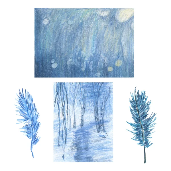 Kolekcja Niebieskiej Zimy Tekstury Lasu Gałęzie Sosny Przez Kolorowe Ołówki — Zdjęcie stockowe