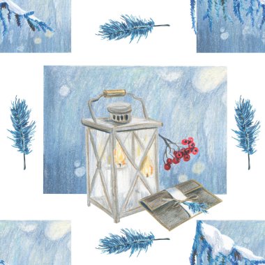 Çam dalları, lamba, kırmızı böğürtlen, zarf ve renkli kalemlerin mavi kış dokularını içeren kusursuz kompozisyonlar. Mevsimlik ruh hali için düzenlemeler. El çizimi.