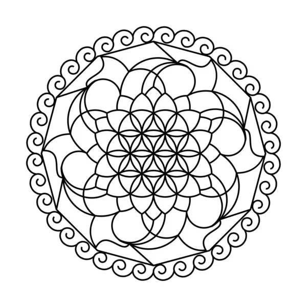 Tourbillon fleur de vie cercle vecteur mandala coloriage livre — Image vectorielle