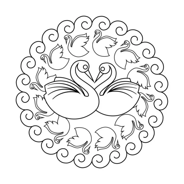 Casal de cisnes círculo vetor mandala colorir livro —  Vetores de Stock