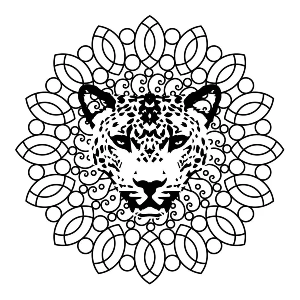 Leopard kepala lingkaran vektor buku pewarnaan mandala - Stok Vektor