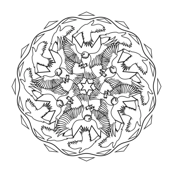Flygande örnar cirklar runt vektor Mandala målarbok — Stock vektor