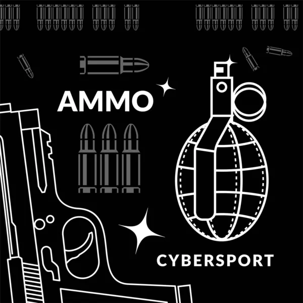 Munitie set van pistool, granaat en munitie, vector poster voor uw shooter cybersport ontwerp — Stockvector