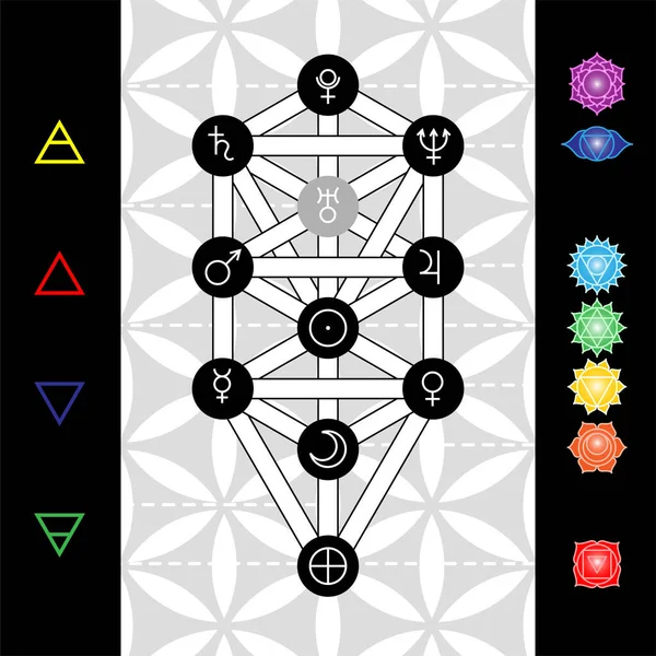 Pohon kehidupan dengan simbol astrologi planet, cakra Dan unsur-unsur pada latar belakang bunga kehidupan Stok Ilustrasi 