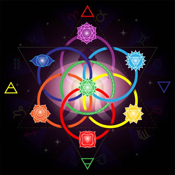 Meditar silueta de niña yoga con signos de chakras en círculos de semillas de vida Ilustración De Stock