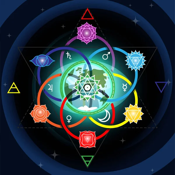 Yoga signes de chakra dans la graine de cercles de vie sur fond d'espace sombre Graphismes Vectoriels