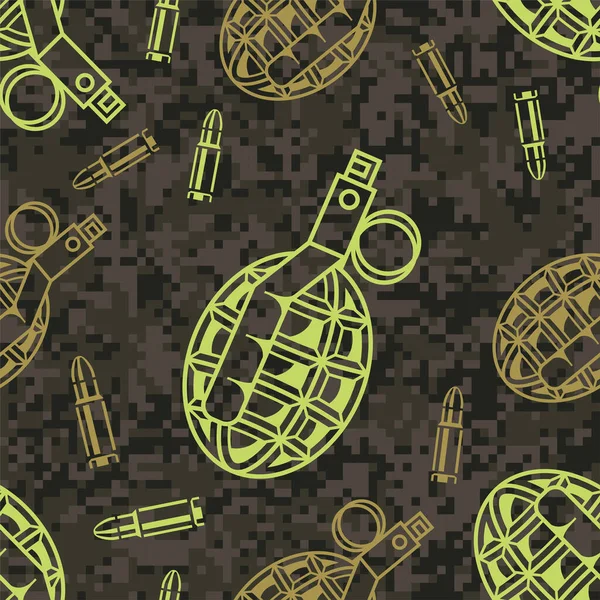 Handgranate mit Munition auf städtischem Camouflage-Hintergrund, vektornahtloses Muster lizenzfreie Stockillustrationen