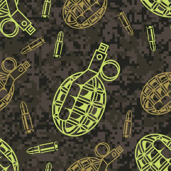 Grenade à main avec munitions sur fond de camouflage urbanistique, motif vectoriel sans couture Illustrations De Stock Libres De Droits