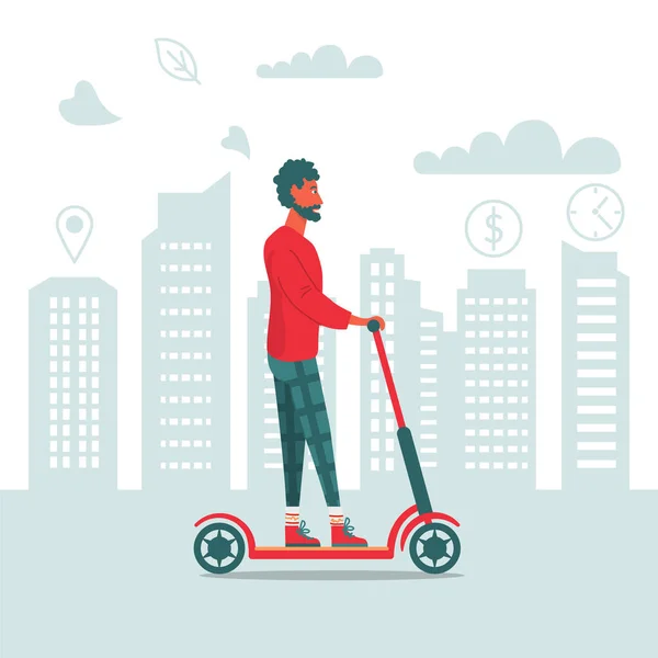 Hombre negro adulto con barba montando scooter eléctrico en la gran ciudad Ilustración De Stock