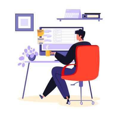 Bir ofis çalışanı iş yerinde, bilgisayarın başında oturur ve çalışırken çay içer. Rahat iş yeri, iş akışı, öğle yemeği molası, vektör çiziminde düz çizgi film tarzında ofis rutini.