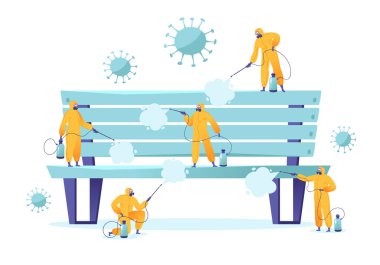 Tiny characters in protective suits, yellow jumpsuits and respirators spray disinfectant on large bench during worldwide Covid19 pandemic. Flat cartoon vector illustration isolated on white background clipart