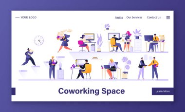 Ofis alanı konseptiyle birlikte iniş sayfası. Dizüstü bilgisayarlar ve bilgisayarlar üzerinde çalışan düz insanlar. Web sayfası şablonu için açık çalışma alanı illüstrasyonunda iş ekibi işbirliği.