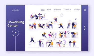 İniş sayfası şablonu için ortak çalışma merkezi kavramı. İnsanlar ofisteki bilgisayarlarla ve laptoplarla çalışıyor. Modern bir çatı katında rahat bir iş yeri. Konferanslar, toplantılar, sessiz çalışma alanları 