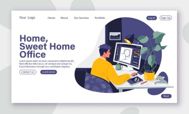 Genç adam evdeki rahat iç mekanda çalışıyor. İniş sayfası şablonu için uzak çalışma konsepti için uygun koşullar. Düz çizgi film stilinde vektör illüstrasyonuName