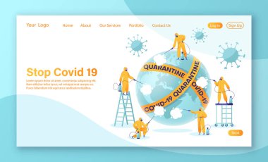 Karantina temalı sayfa şablonu indiriliyor, Corona virüsüyle savaş. Düz çizgi film tarzındaki insan karakterler ve koruyucu giysi dünyaya antibakteriyel sıvı püskürterek uyarı bandıyla sarılmış..