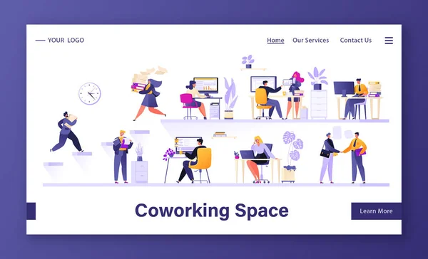 Página Inicial Com Conceito Espaço Escritório Trabalho Personagem Pessoas Planas —  Vetores de Stock