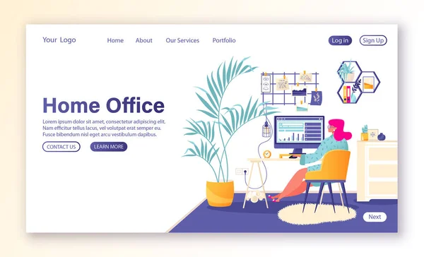 Hemmakoncept För Landningssidemall Flicka Karaktär Platt Tecknad Stil Fungerar Hemma — Stock vektor