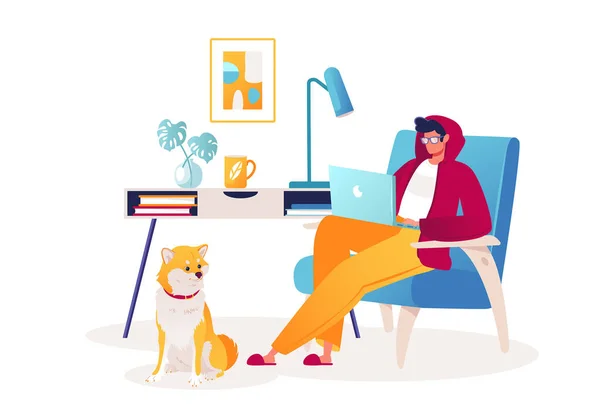 リモートワークのかわいいベクトルイラスト フリーランスのテーマ 自宅でラップトップ上で動作するフラット漫画のキャラクターは 快適な椅子 モニターのためのメガネに座っています ペットの柴犬が近くに座っている — ストックベクタ