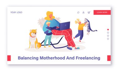 Landing page template concept combining motherhood and work, freelancing for mom, self-employment, remote work during a global pandemic. Woman character working on laptop and taking time for children clipart