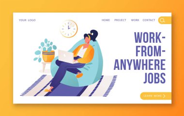 Remote work concept for landing page template. Woman character working on laptop, sitting in bag chair. Freelancer, remote worker, self-employment and the ability to work from anywhere in the world. clipart