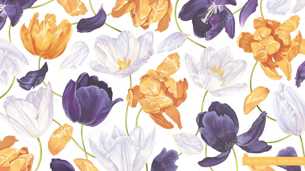 Large floral background with spring tulips, yellow, white and dark purple flowers in wallpaper for computer desktop, tablet, mobile phone, social media covers. Realistic highly detailed vector plants 