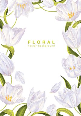 Beyaz gerçekçi laleler, taç yaprakları, yapraklar ve saplardan oluşan çiçek desenli dikey bir arka plan. Hafif bir arka planda izole bahar çiçekleri. Metin için yeri olan tebrik kartları şablonu.