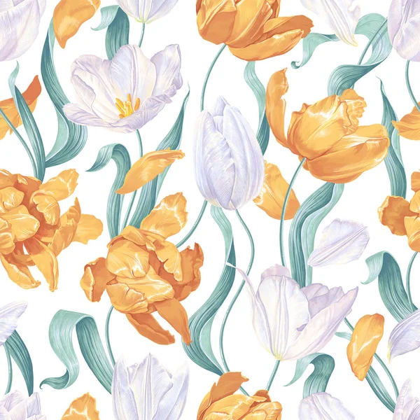 Безшовний Візерунок Реалістичним Векторним Малюнком Рук Тюльпанів Весняні Квіти Білі — стоковий вектор